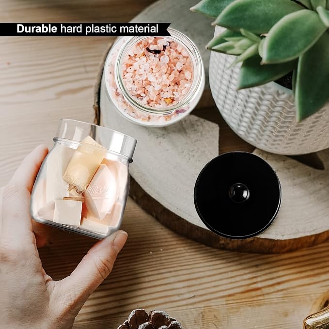 SheeChung 4 Pack Acrylic Mason Jar Qtip Holder Dispenser with Labels, Black | Small Plastic Apothecary Jars,Vanity Canisters for Cotton Swabs,Balls,Floss Picks,Bathroom Storage Organizers,Farmhouse Decor