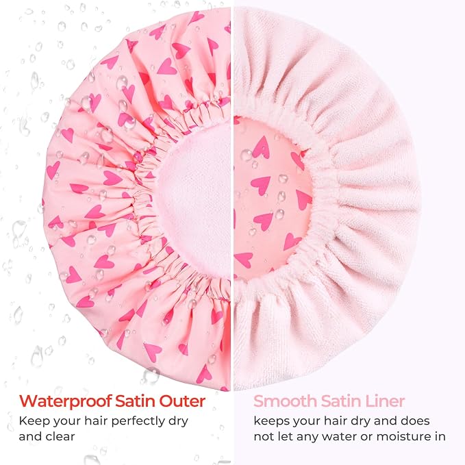Shower Cap for Women Terry Lined Bath Cap Large Reusable Waterproof Elastic Pink Hearts Shower Caps for Long Thick Hair Soft Bath Shower Hair Caps