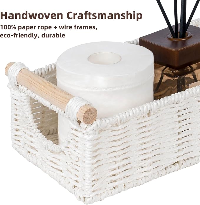 CubesLand Wicker Toilet Storage Basket Tray Organizer W/Cut Out Handle, Slim Decorative Basket for Countertop, Shelves And for Versatile Home Decor, Living Room, Nursery Organization, Cream