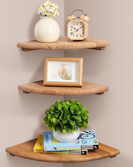 Floating Corner Shelves, Set of 3 Corner Wall Shelves with Cable Hole Soild Wood Wall Storage Display Wall Mounted Shelves for Plants, Photos, Speakers, Living Room, Bedroom, Bathroom, Kitchen