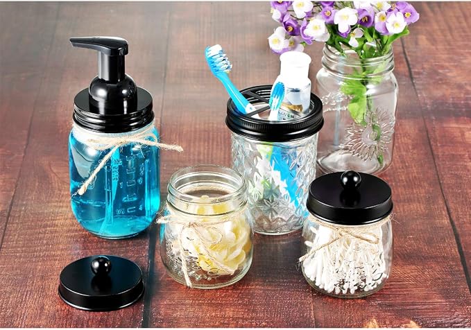 [Wide Mouth ONLY] SheeChung 2 Pack Mason Jar Toothbrush Holder Lid - Rustproof 304 Stainless Steel for Ball Mason Jar or Any Pint. Jar, Farmhouse Decor Bathroom Accessories Set - Black