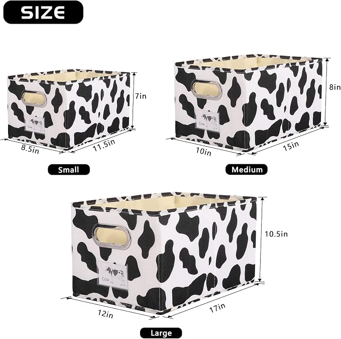 ANMINY 2PCS Fabric Storage Bin Cow Print Cotton Linen Foldable Open Storage Basket Box with Handles PP Plastic Board Label Window Pocket Decorative Washable Closet Shelf Organizer Container - Small