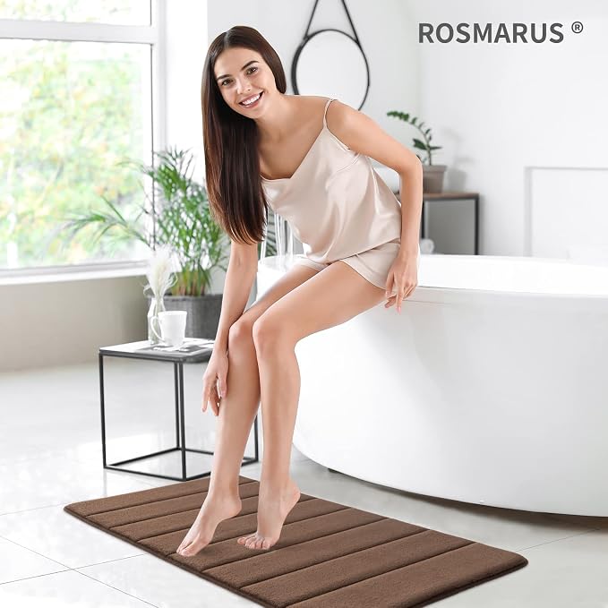 ROSMARUS Memory Foam Bath Mat, 20''x32'', Brown | Water Absorbent, Ultra Soft, Non Slip, Thick Foam, Bathroom Rugs for Floor & Tub, Machine Washable Care