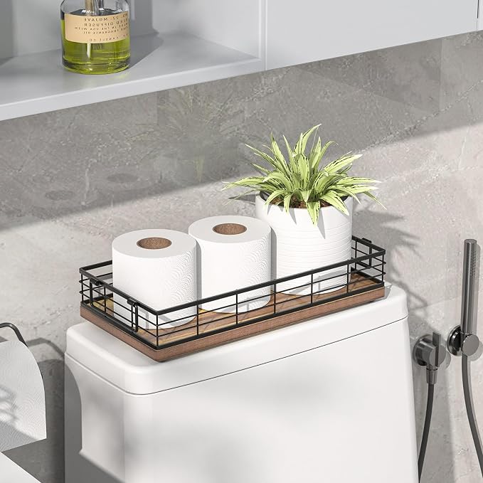 Acacia Toilet Paper Basket, 13 Inch Tank Tray Top of Toiletries Storage Organizer for Bathroom, Living Room and Kitchen (Acacia & Black)