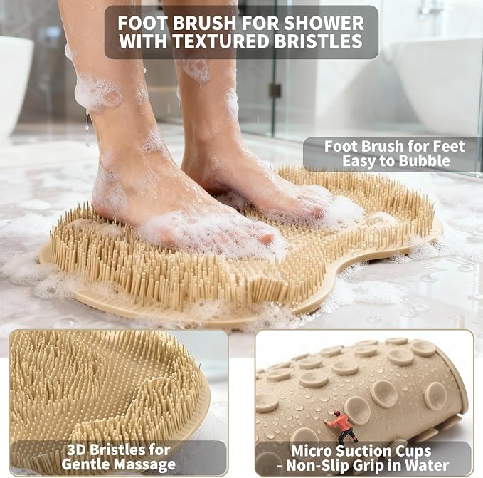 Shower Foot Scrubber Mat with 3 Types of Upgraded Brushes for Massage, Shower Back Scrubber with Micro Suction Cups,Non Slip Bathtub Shower Scrubber for Body at Home Spa(Khaki)