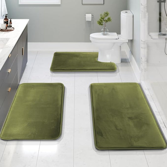 Clara Clark 3 Piece Bathroom Rugs Bath Mat Set, Velvet Memory Foam Bath Mats for Bathroom - Non-Slip, PVC Backing Bath Rugs, Washable - Dries Quickly, Green