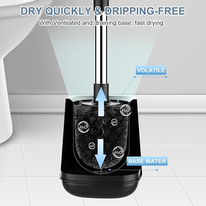 SetSail Toilet Brush and Holder, Self Closing Lid Toilet Bowl Brushes Holder and Extra Long Handle Ventilated Toilet Brush Set for Bathroom Cleaning, Nylon Bristles, 2 Packs-Black