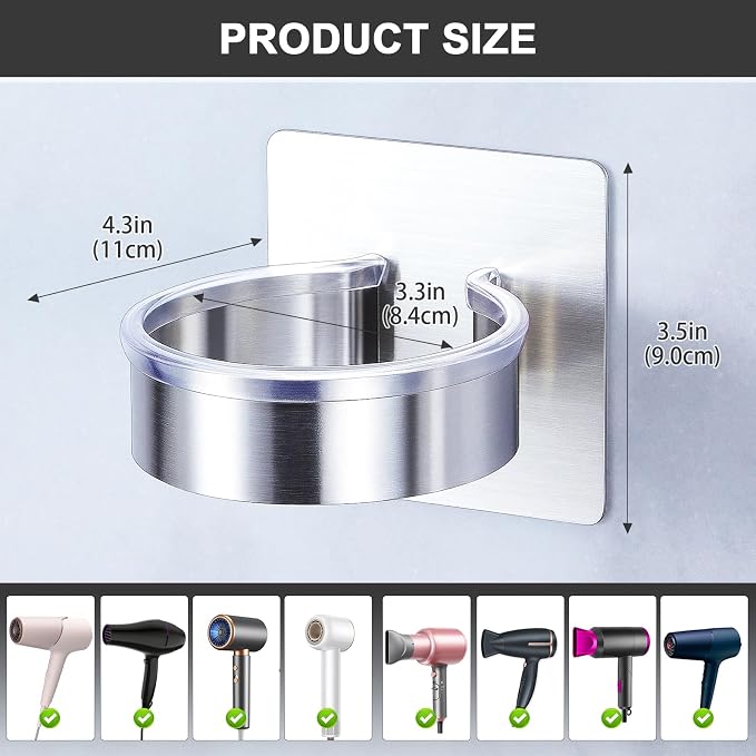 Blow Dryer Holder Wall Mounted, hairdryer holder for bathroom, Blow Dryer Organizer, hair tool organizer wall mount, Adhesive Hair Dryer Storage for Bathroom Barber Shop (Silver)