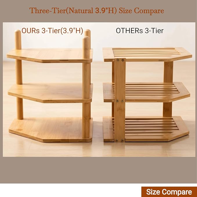 3-Tier Expandable Bamboo Corner Shelf - Dish/Plate Organizer for Cabinet, Kitchen Counter Shelf & Small Kitchen Shelf, Adjustable (Natural, 1-Pc 3.90" H)