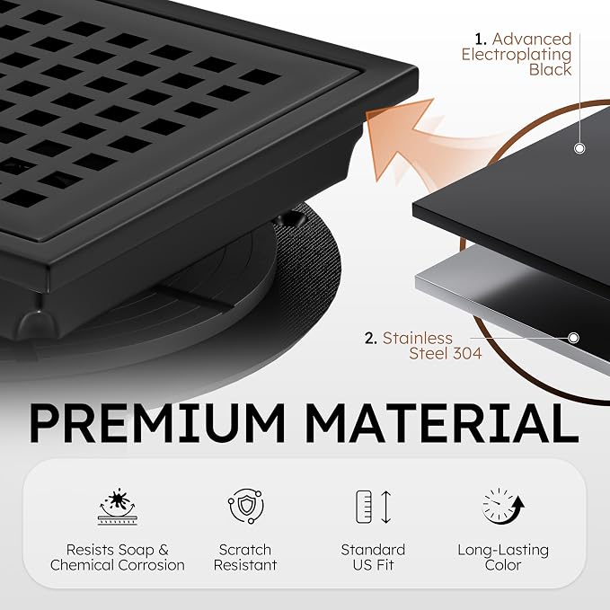 6 Inch Square Black Shower Drain with Flange, Modern Floor Drain with Quadrato Pattern Grate Removable,SUS 304 Stainless Steel