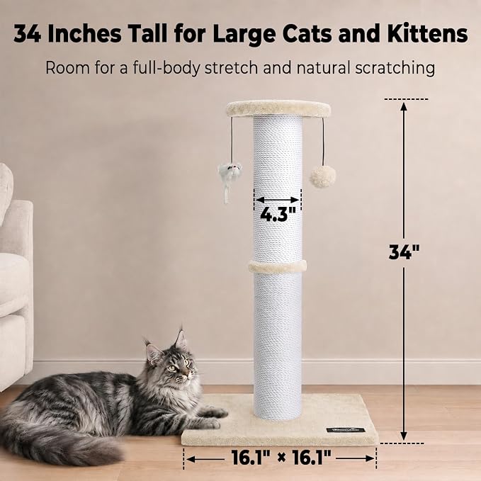 34-Inch Tall Cat Scratching Post for Large Cats, Stable Base, Beige | Heavy-Duty Cat Scratcher, Extra-Tall Thick Post, Soft Natural Cotton Rope, Hanging Interactive Cat Toys, Indoor Cat Furniture