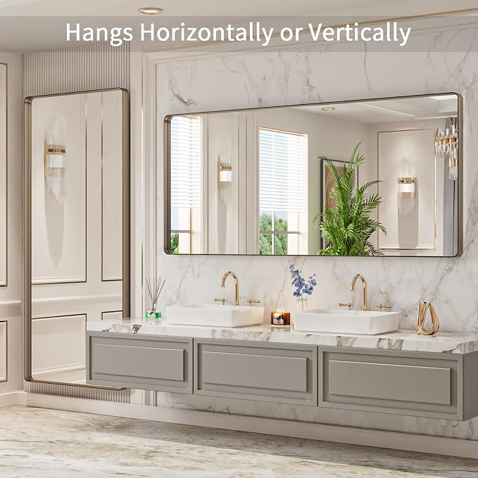 LOAAO 72"X32" Bronze Bathroom Mirror | Rounded Rectangle, Brushed Bronze Metal Frame, Anti-Rust, Tempered Glass, Hangs Horizontally or Vertically