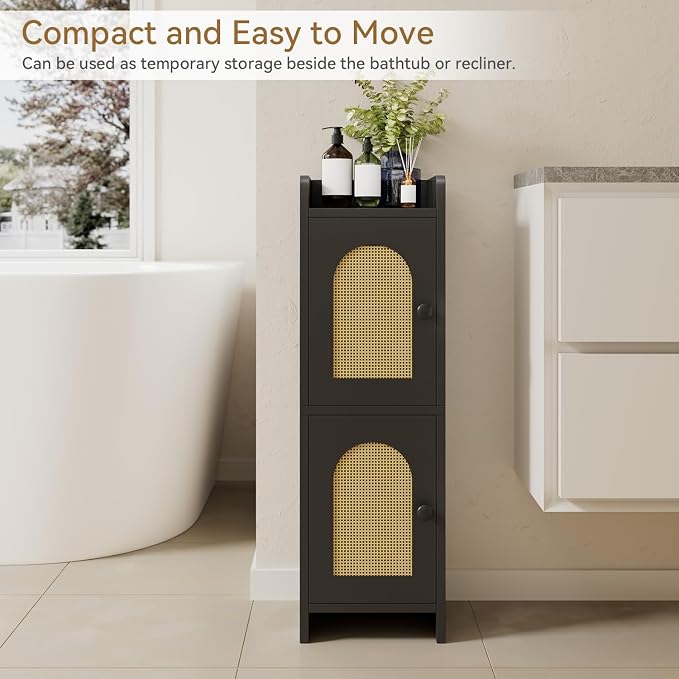 IBUYKE Small Bathroom Storage Cabinet with Rattan Door, Narrow Toilet Paper Storage Holder,Floor Cabinet with Adjustable Shelves, Space-Saving Organizer for Toiletries UWBS001B