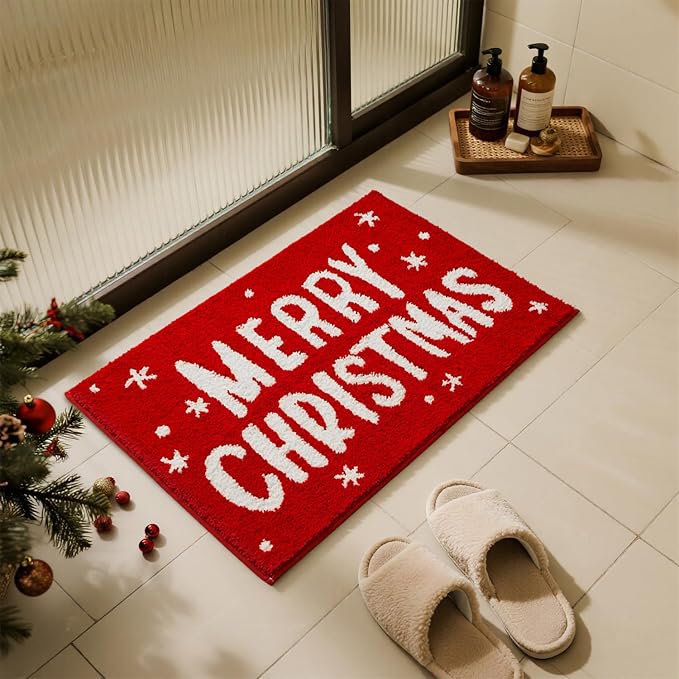 TYUU Christmas Bathroom Rugs, Extra Soft Absorbent Bath Rug Non Slip Washable Bathroom Mat Holiday Xmas Home Decor Indoor Bath Mat, Merry Christmas, 24"x36"