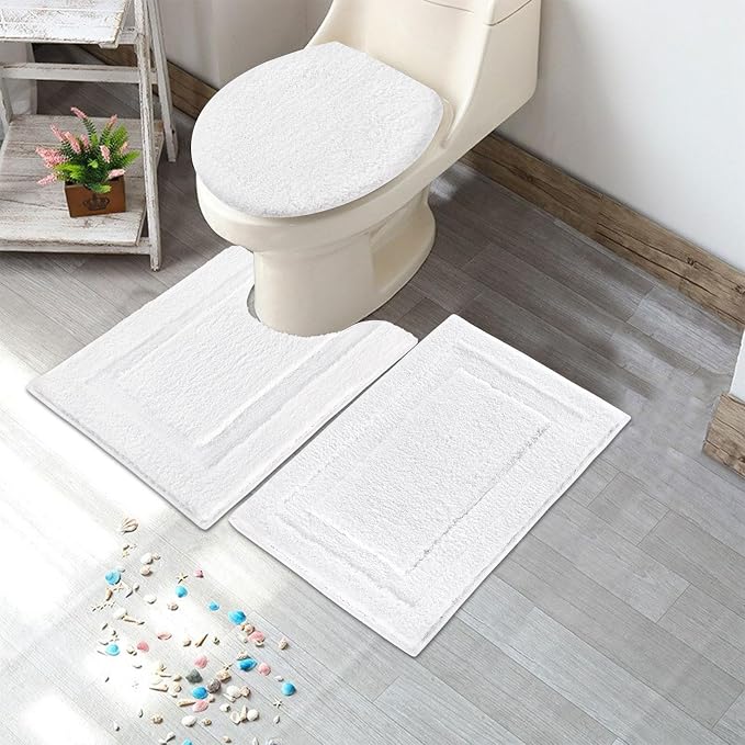 SHACOS White Bathroom Rugs Sets 3 Piece, Non Slip Soft Absorbent 16"x24" | Small Microfiber Bath Mat with Toilet Lid Cover, Shaggy Carpet U-Shaped Contour Toilet Rug, Machine Washable
