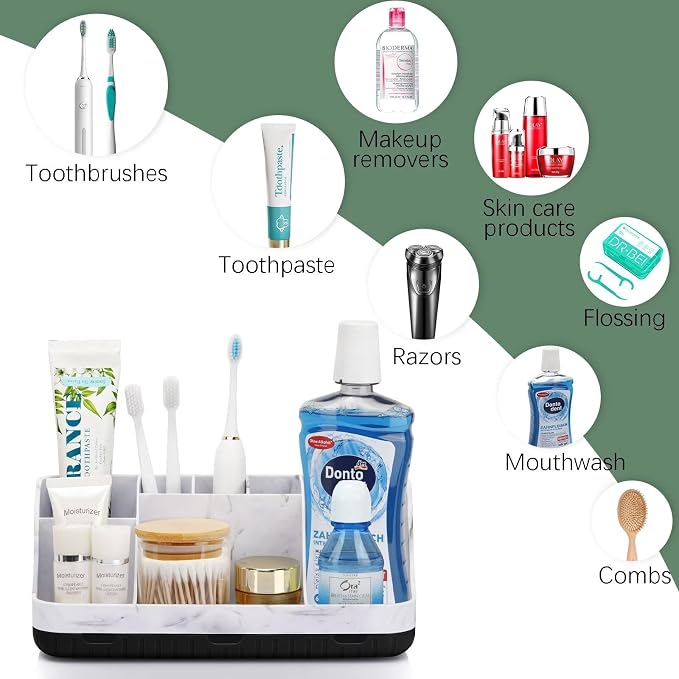 GFWARE Marble Bathroom Countertop Organizer - Detachable 7 Slots Kids Electric Toothbrush and Toothpaste Holde Drainage for Bathroom Accessories Organization Counter Vanity Storage, Black