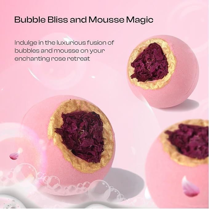 Rose Bath Bombs Gift Set for Women, 6 Pack with Whole Dried Rose | Romantic home spa relaxation, essential oils aromatherapy, birthday anniversary presents for mom, wife, girlfriend