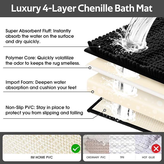 ACCUMTEK Striped Black Bathroom Rug Set 3 Pieces Ultra Soft, Non Slip Chenille Toilet Mat, Absorbent Plush Shaggy Bath Mats for Bathroom, Bedroom, Kitchen