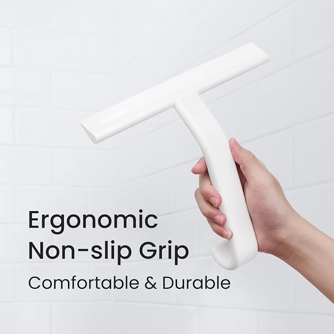 dancemoon JustHang Shower Squeegee for Glass Doors, All-One-Piece Award-Winning Silicone Squeegee with Built-in Hook for Bathroom, Window, Mirror, Tile Wall,Car, Streak-Free Cleaner Tool,10-Inch White