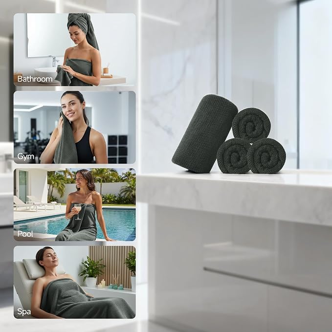 REDKISS 4 Pack Premium Bath Towels, Plush Coral Fleece Towels for Bathroom, Extra Large Bath Towels Set of 4 (35 x 70 in), Super Soft Highly Absorbent Shower Towels for Spa, Gym, Travel, Dark Gray