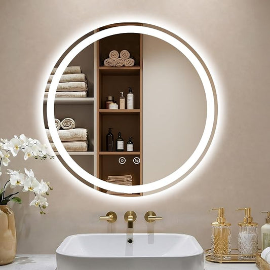 24 Inch Round LED Bathroom Mirror with Lights, Circle Lighted Vanity Mirror | Smart Anti-Fog, Dimmable 3 Color Modes, Backlit+Frontlit, Memory Function, HD Tempered Glass, Touch Sensor