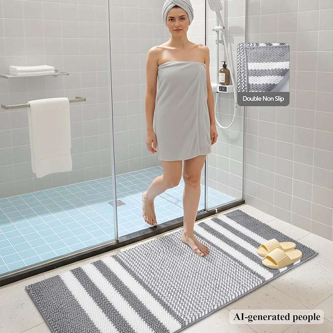 Large Bathroom Rugs Runner, 20x47 Chenille Bath Mats, Light Grey | Extra Soft Absorbent, Non Slip Striped, Quick Dry Machine Washable, Modern, Shower Rug for Bathroom Bedroom Decor