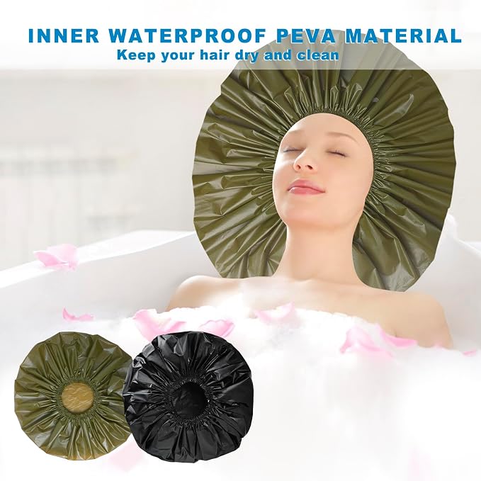 Super Jumbo Shower Cap for Women, 2 PCS Waterproof Hair Caps for Locs | Extra Large, Double Side Reusable PEVA Bath Cap, Washable, Holds Long Thick Twist Braid - Black+Green