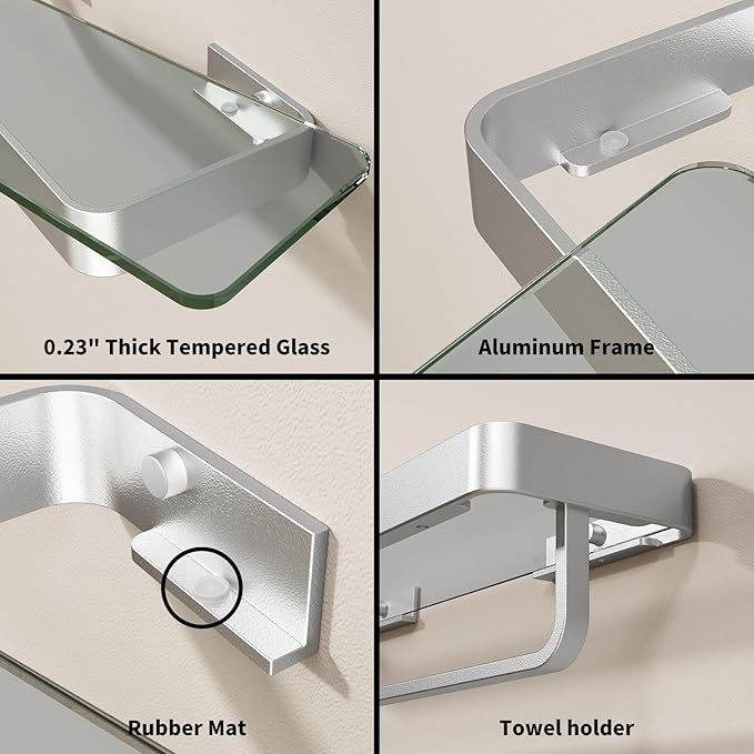 Danpoo 16-Inch Silver Floating Bathroom Shelves with Towel Bar, Clear Tempered Glass Wall Shelf 2-Pack – Versatile Bathroom Organizer Set