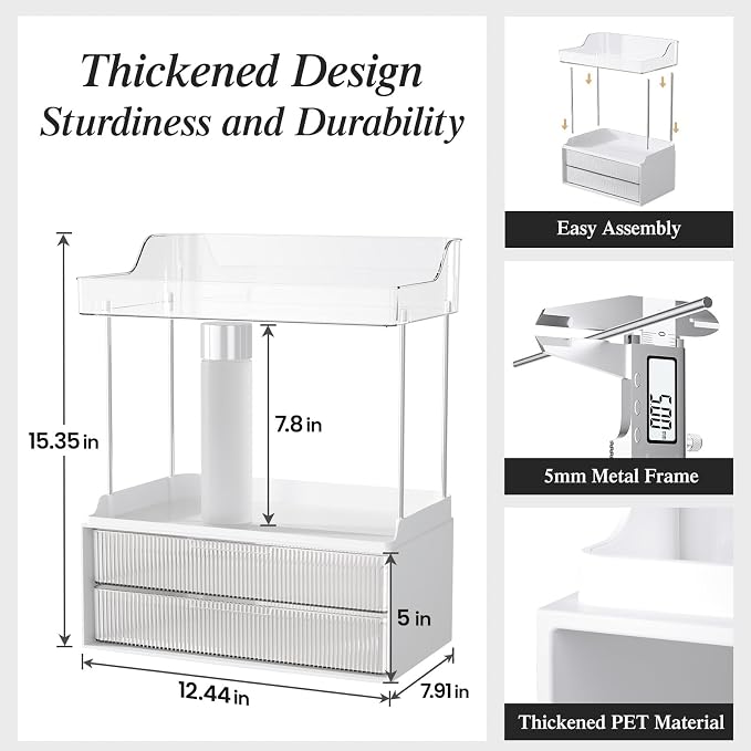 Bathroom Counter Organizer, TidyStash 2-Tier 2-Drawer Makeup Organizer Countertop, Easy to Install, Ideal for Bathroom Storage, Vanity, Perfume, Large Skincare Items, Present, and More, Clear