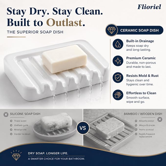 Ceramic Soap Dish Self Draining Soap Holder Bathroom Sink | White Porcelain Soap Tray Self Draining Keeps Soap Dry Anti Slip Silicone Pads Easy Clean Modern Minimalist Bathroom Shower