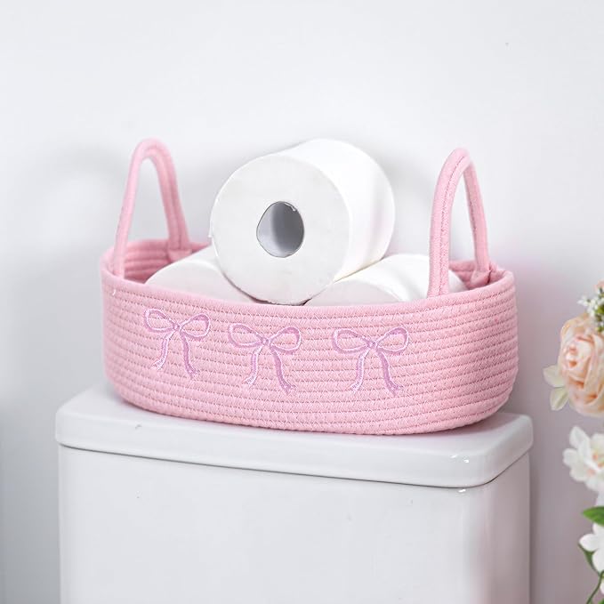 Vesici Pink Bow Woven Storage Basket for Toilet Tank Top Boho Cotton Rope Bathroom Countertop Organizer Basket with Handle Pink Bathroom Decor for Bedroom Nursery Toys Organizing, 13 x 6 x 4 Inch