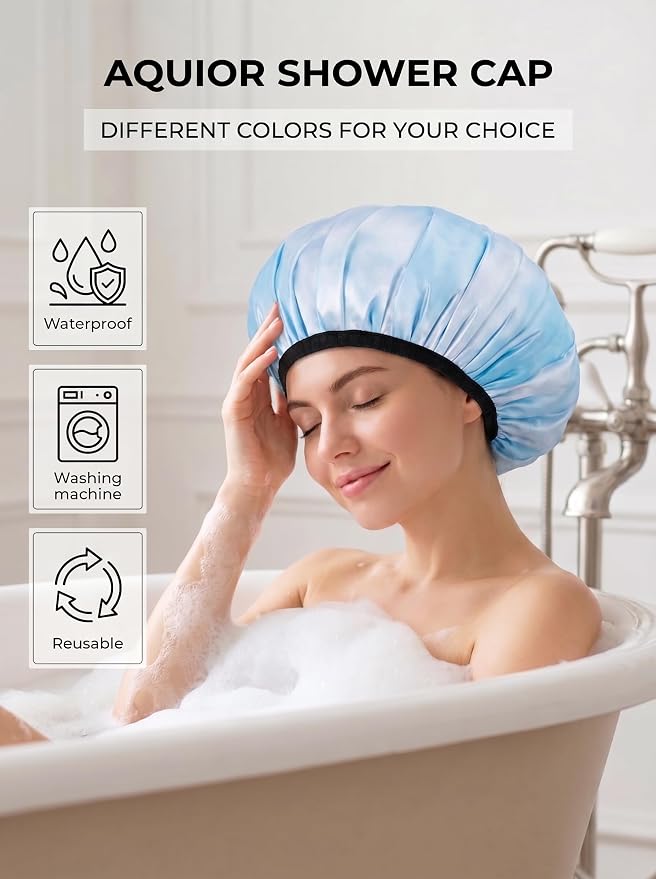 Aquior Shower Caps,Terry Lined Shower Cap for Women Reusable, Triple Layer Waterproof Bath Cap, Extra Large for Women Long Hair