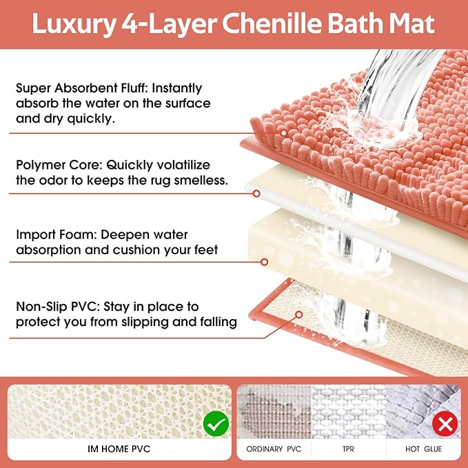 ACCUMTEK Striped Coral Toilet Bathroom Rug Mat Set 2 piece Rug Ultra Soft, Non Slip Chenille Bath Rugs, Absorbent Plush Shaggy Bath Mats for Bathroom, Bedroom, Kitchen, Shower, Tub