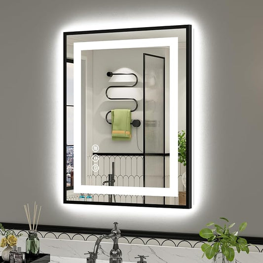 24x32 Inch LED Bathroom Mirror with Black Frame, Backlit & Front Lit | Anti-fog, 3 Color Dimmable, Memory Function, HD Reflection Tempered Glass, ETL Listed, IP54 Waterproof