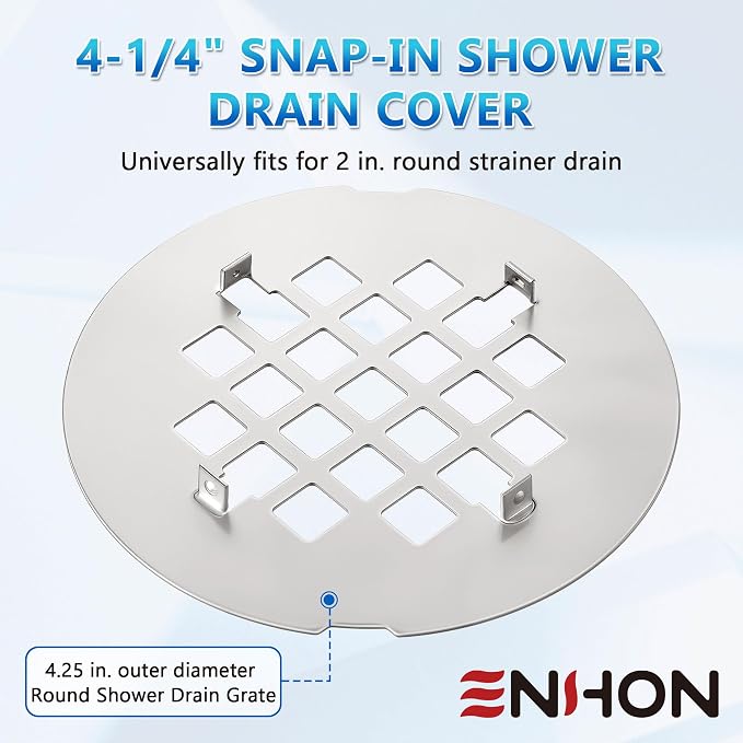 Enhon 2 Pack 4-1/4 Snap in Shower Drain Cover, Round Strainer Drain Grid, Bathroom Shower Grate Cap Replacement for Hair Catcher(Brushed Nickel,Stainless Steel)