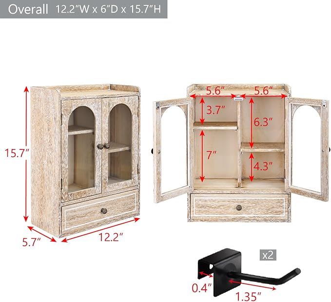 Ikee Design Wooden Countertop Storage Cabinet with Magnetic Door, Adjustable Shelves, Removable Hooks and Drawer for Perfume, Makeup, Pantry, Vintage White, 12.2 W x 6 D x 15.7 H in