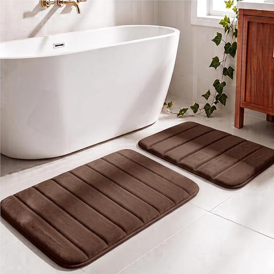 Memory Foam Bathroom Rugs Sets 2 Piece - Super Soft Absorbent Quick Dry Memory Foam Bathroom Rugs, Machine Washable Non Slip Floor Carpet for Tub Shower & Single Sink 32"x20"+24"x16",(Coffee)
