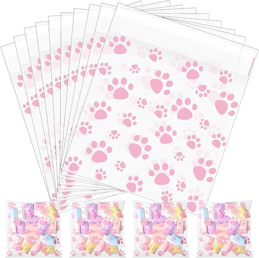 Pasimy 200 Pcs Paw Plastic Bags Pet Cellophane Bags Self-adhesive Clear Treat Pouches for Pet Dog Theme Party Supplies Decor(Clear Pink)