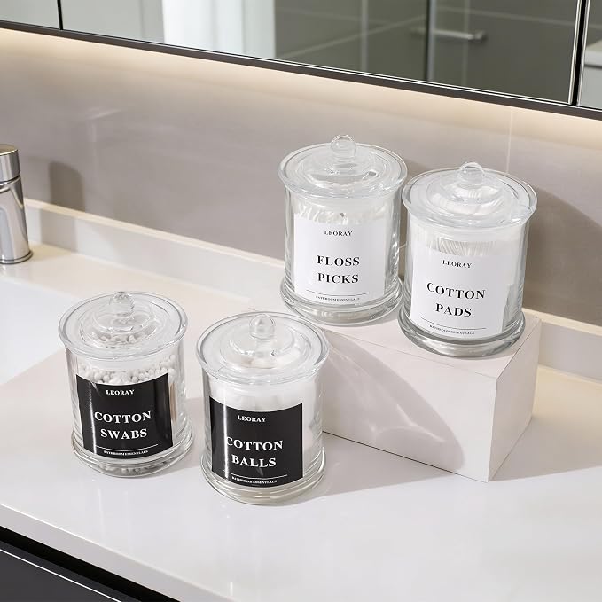 LEORAY 4 Pack Glass Qtip Holder Dispenser with Lids, Airtight Waterproof Apothecary Jars, 16 Oz Vanity Organizer Bathroom Canisters for Cotton Swabs, Balls, Pads, Floss Picks, Transparent