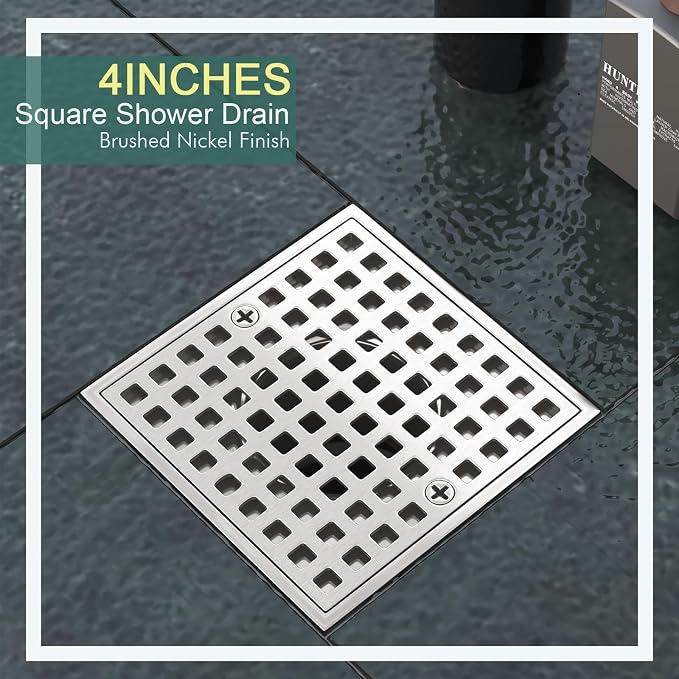 4 Inch Shower Floor Drain with Flange - Square Shower Drain with Hair Strainer - Removable Grid Strainer Cover - SUS304 Stainless Steel - Brushed Nickel