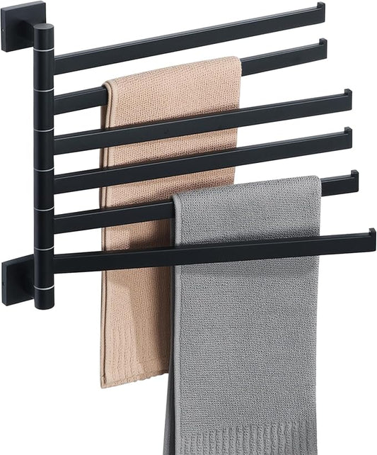Alise Swivel Towel Rack, 6-Arm Towel Bar, Space Saving Towel Rack Wall Mount Drying Towel Holder, Swing Out Towel Holder for Bathroom Kitchen Toilet, Square SUS304 Stainless Steel, Matte Black
