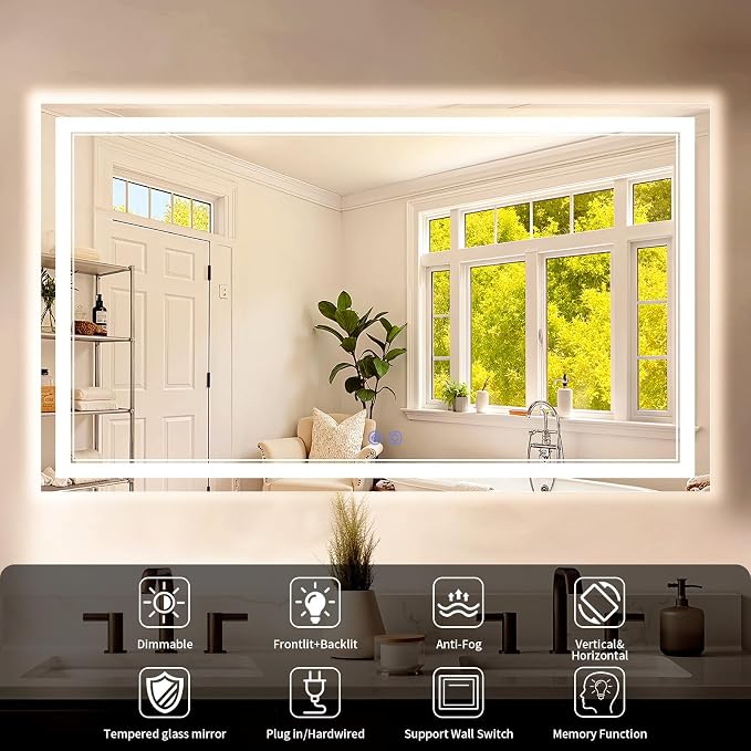 30"x60" LED Bathroom Mirror with Lights, Anti-Fog, Backlit + Front Lit, Dimmable, Led Vanity Mirror for Wall, Lighted Bathroom Mirror, 3 Colors, Shatter-Proof Tempered Glass