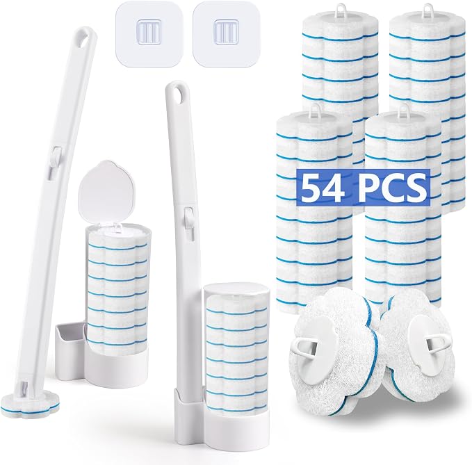 Disposable Toilet Brush and Holder Set 2 Pack，Extended Handle with 54 Cleaner Refills Toilet Brush for Toilet Bowl Cleaners，Bathroom Cleaning，Bathtub，Sink - White