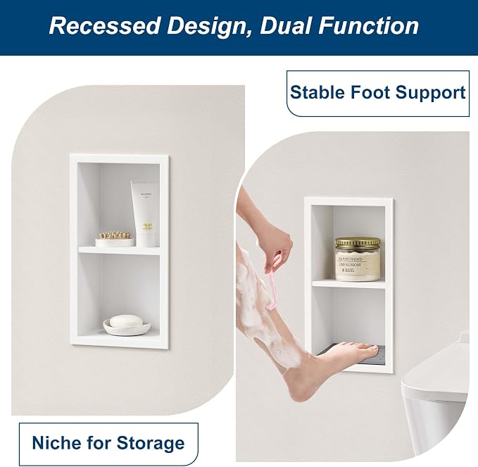 Neodrain Shower Foot Rest for Shaving Legs, 304 Stainless Steel Shower Niche, Recessed Shower Step for Shaving Legs,Niche for Shower Wall, Bathroom Foot Rest (White, 12.3"x 6")