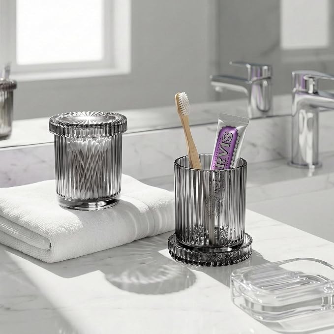 2 Pack Qtip Holder - Apothecary Jars with Lids, Bathroom Organizers and Storage Canister for Cotton Balls,Swabs,Floss Picks,Hair Ties,Clear Glass Vintage Bathroom Decor Jar Set (Gray)