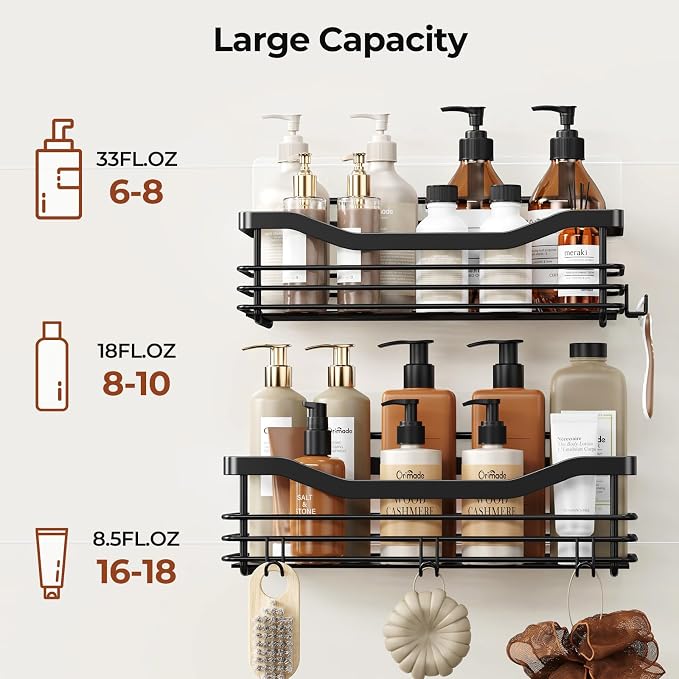 Orimade Shower Caddy Basket Shelf,3-Pack Adhesive Shower Organizer with Soap Dish Holder, No Drilling Wall Mounted Rustproof Stainless Steel Shower Shelves with 7 Hooks,for Bathroom,Matt Black