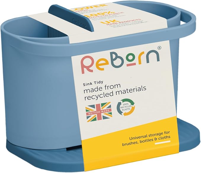 ReBorn Recycled Sink Organizer, Kitchen Sink Organizer, Two Main Compartments, Integrated Dish Cloth Rail, Ribbed and Sloped Base for Draining, Would Made in UK (Avon Blue)