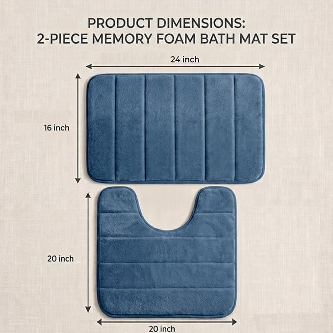 Memory Foam Bathroom Rugs Sets 2 Piece - Super Soft Absorbent Quick Dry Memory Foam Bathroom Rugs, Machine Washable Non Slip Floor Carpet for Tub Shower & Single Sink 16x24 & 20x20,(Deep Blue)