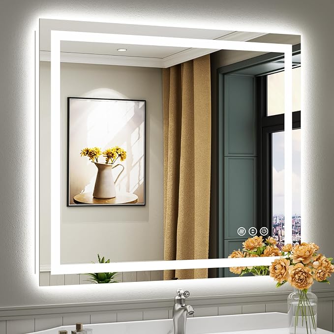 Briivue 40x36 Inch LED Bathroom Mirror with Lights, Backlit & Front Lit | Anti-fog, 3 Color Dimmable, Memory Function, HD Reflection Tempered Glass, ETL Listed, IP54 Waterproof
