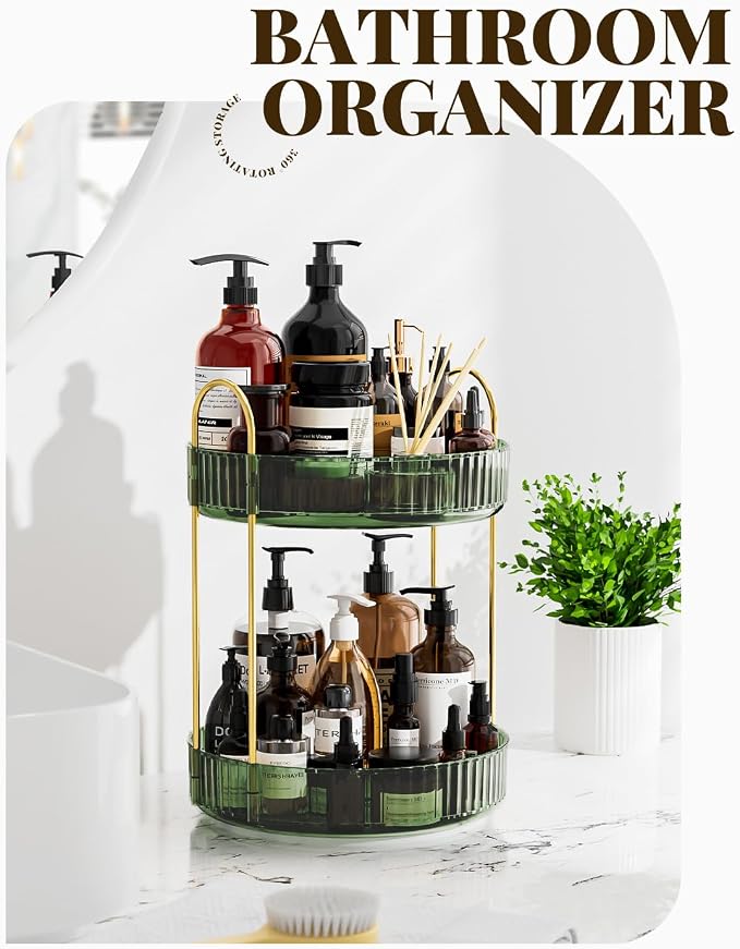 Bathroom Organizer Countertop, Rotating Makeup Organizer for Vanity, Clear Under Sink Organizers, Vanity Tray Shelf for Cosmetic, Skin Care, Perfume (Green, 2 Tier)